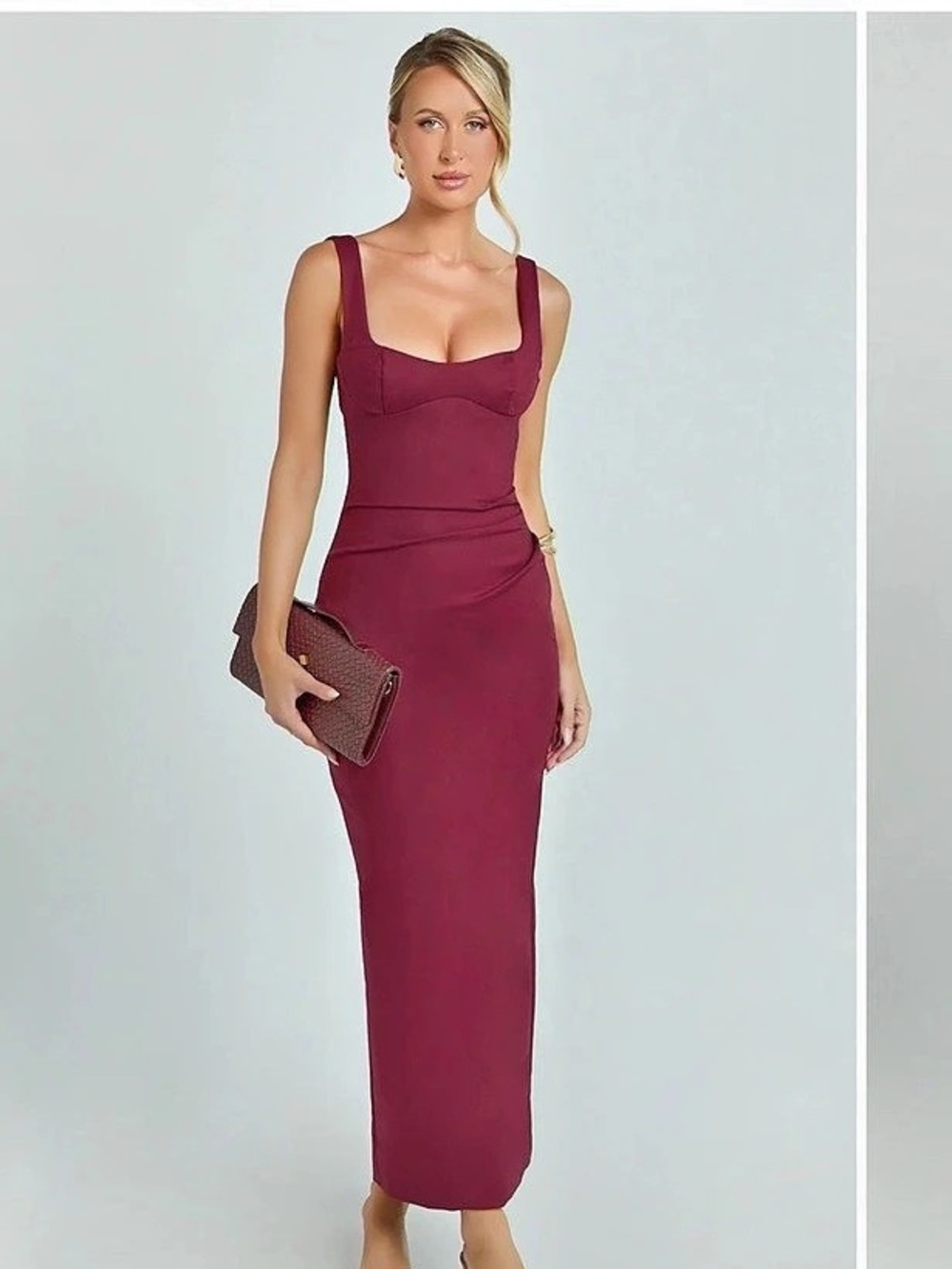 Showpo Benita Burgundy Ruched Midi Dress NWT
